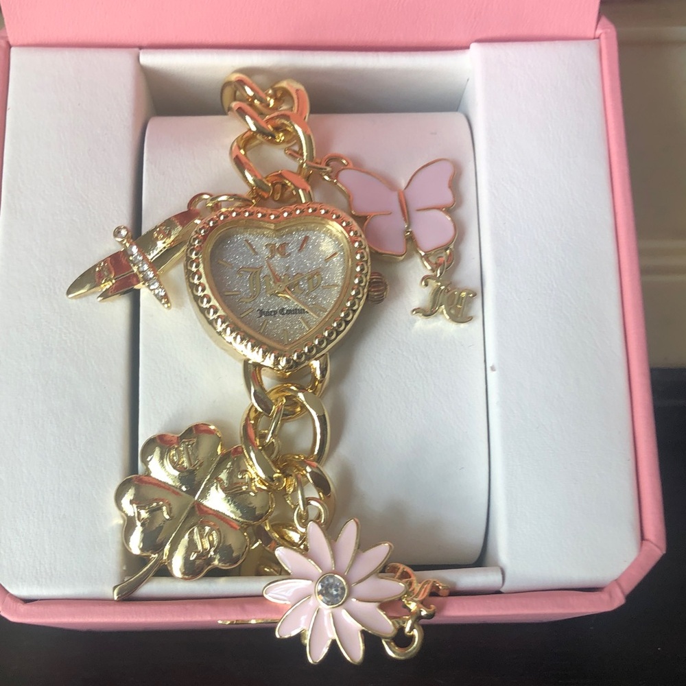 NIB Juicy Couture Goldtone Charm Heart Bracelet Watch w/ Charms